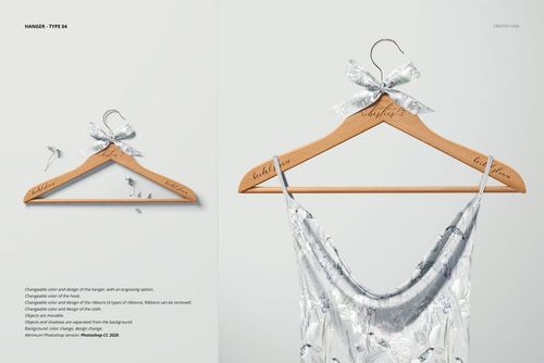Front-facing wooden hanger mockup with engraved text, silver floral ribbon, and a light patterned dress on it.
