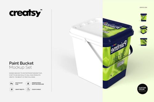 Paint bucket mockup featuring a white plastic container with green and blue label, displayed at a slight angle.