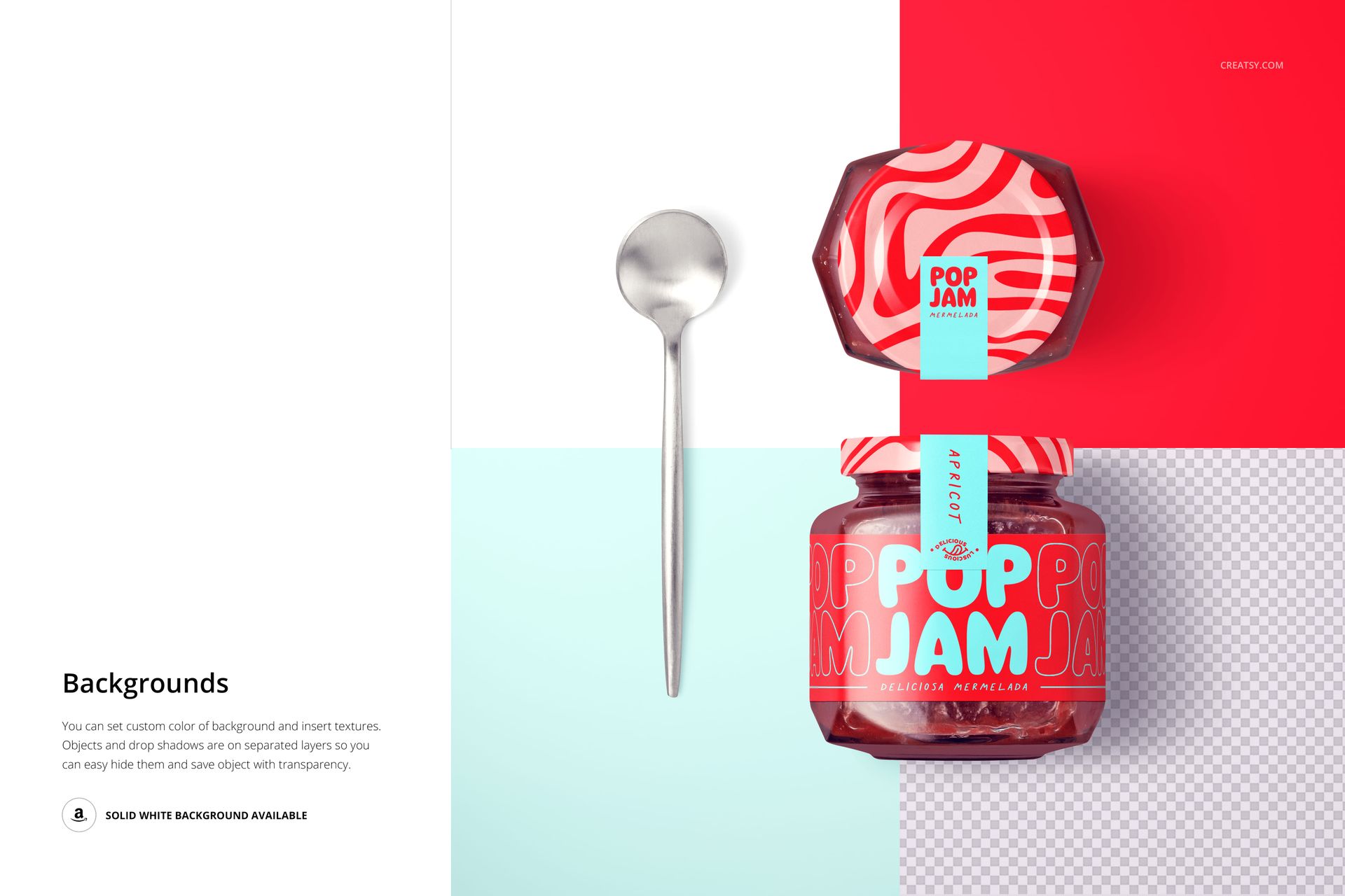 Strawberry jam jar mockup with a patterned lid and label, shown next to a metal spoon on a divided background.