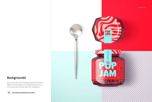 Strawberry jam jar mockup with a patterned lid and label, shown next to a metal spoon on a divided background.