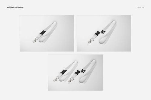 PSD mockup showing three white lanyards with black clasps and metal hooks, positioned on a clean white surface.