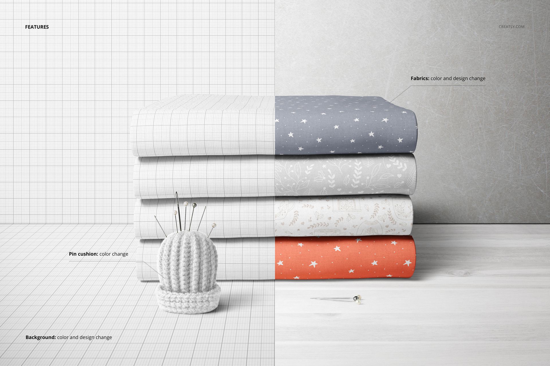 Fabric stack PSD mockup featuring different colored textiles, a pin cushion, and a minimalist background split between grid and solid.