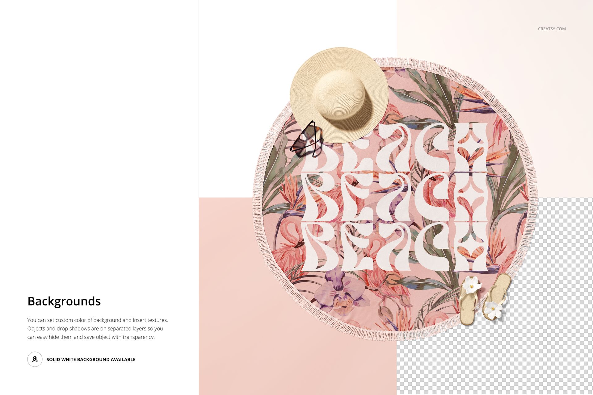 Mockup of a circular beach towel with tassel fringe, pink floral design, hat, sunglasses, and sandals on top.