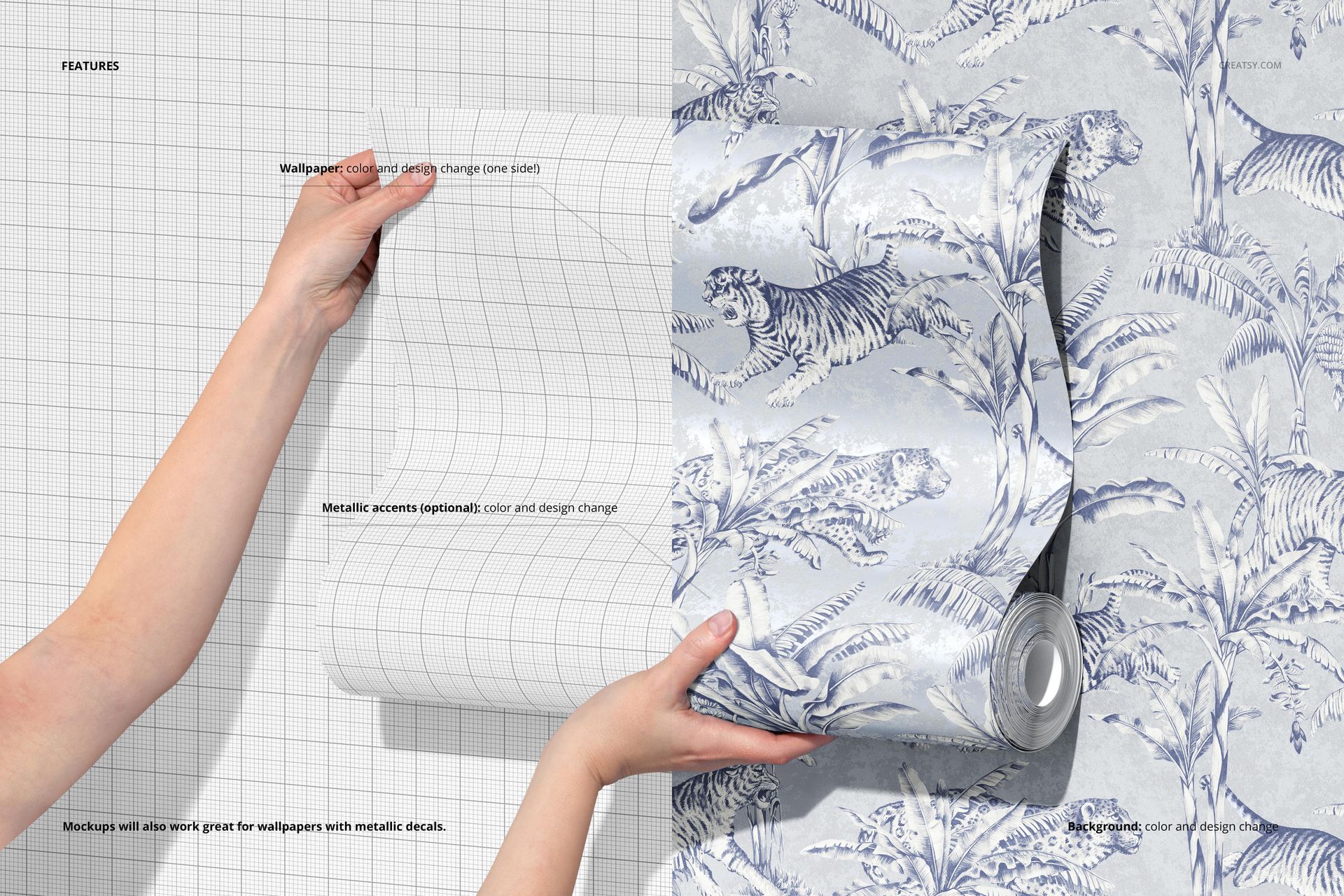 Top view of a wallpaper mockup with a blue and white nature-inspired pattern, partially unrolled by two hands.