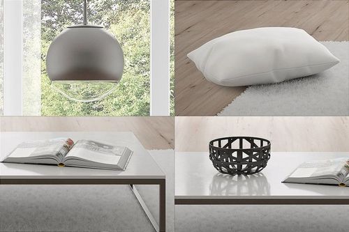 Contemporary interior mockup with a white pillow, pendant lamp, open magazine, and decorative bowl on a sleek table.