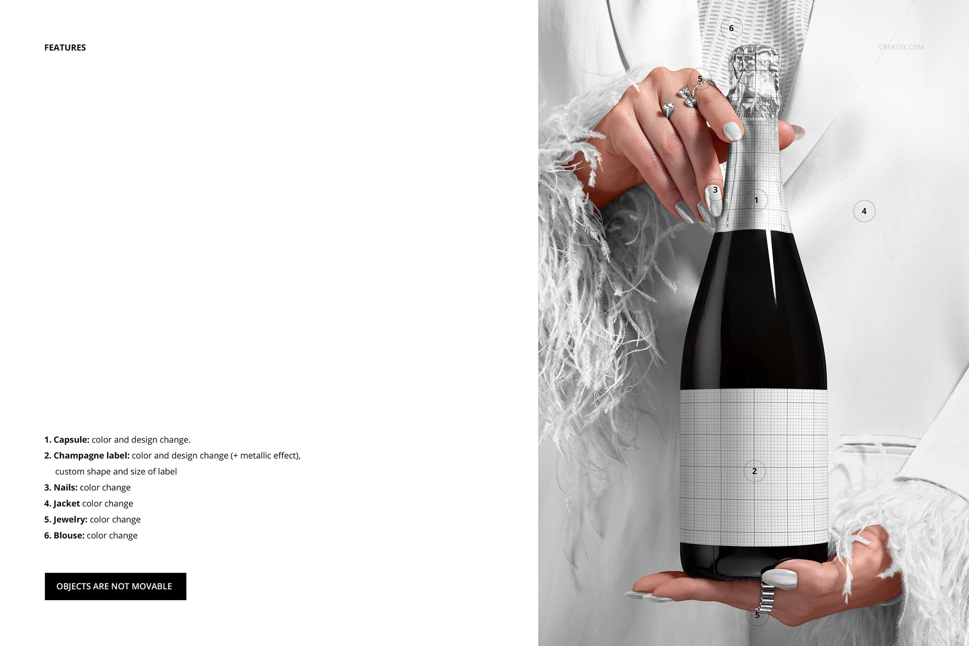 Front view of a champagne bottle mockup in hands, showing a white grid label and silver foil cap.