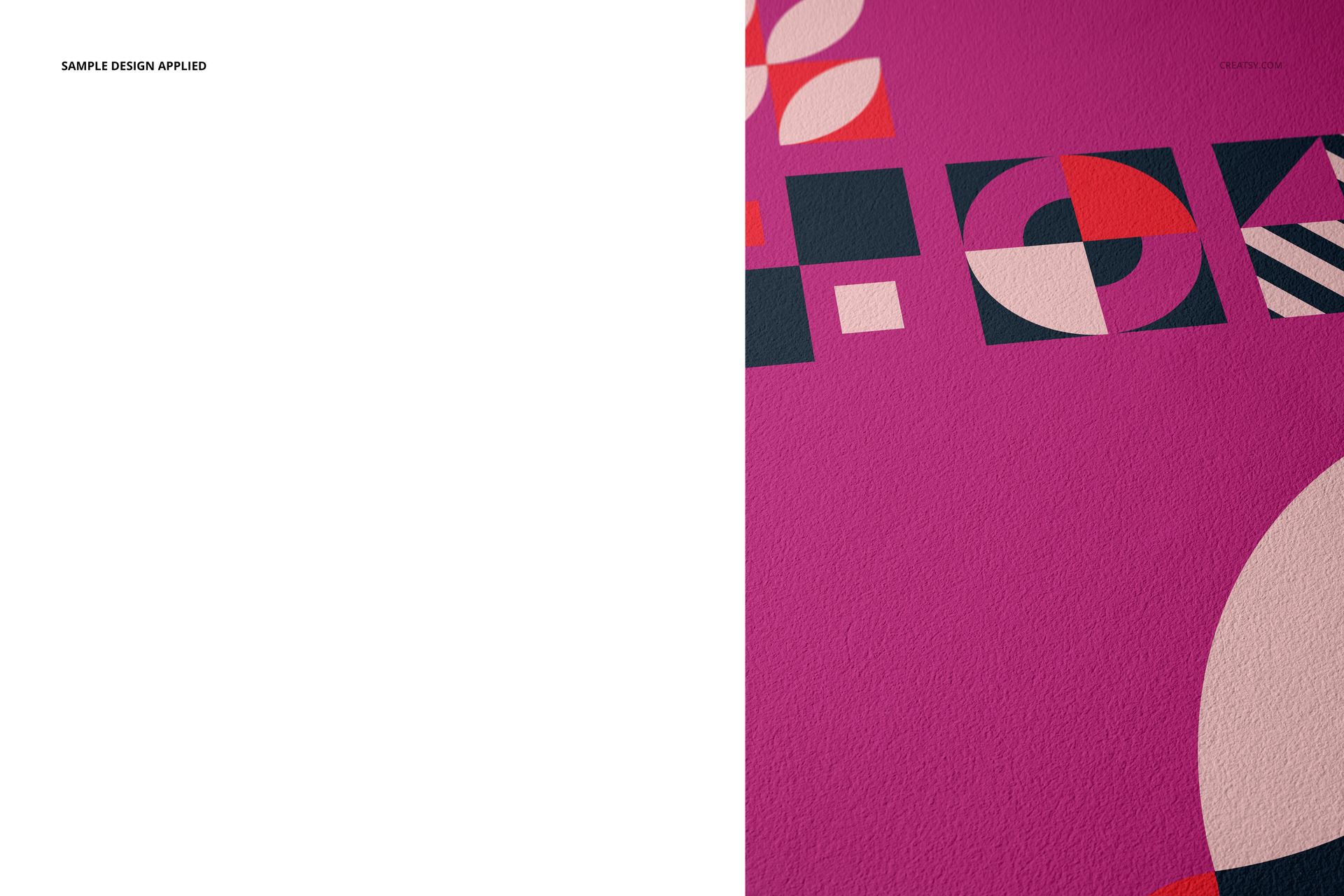 A3 fine art print mockup showing a close-up of textured paper with geometric shapes in pink, black, and white.