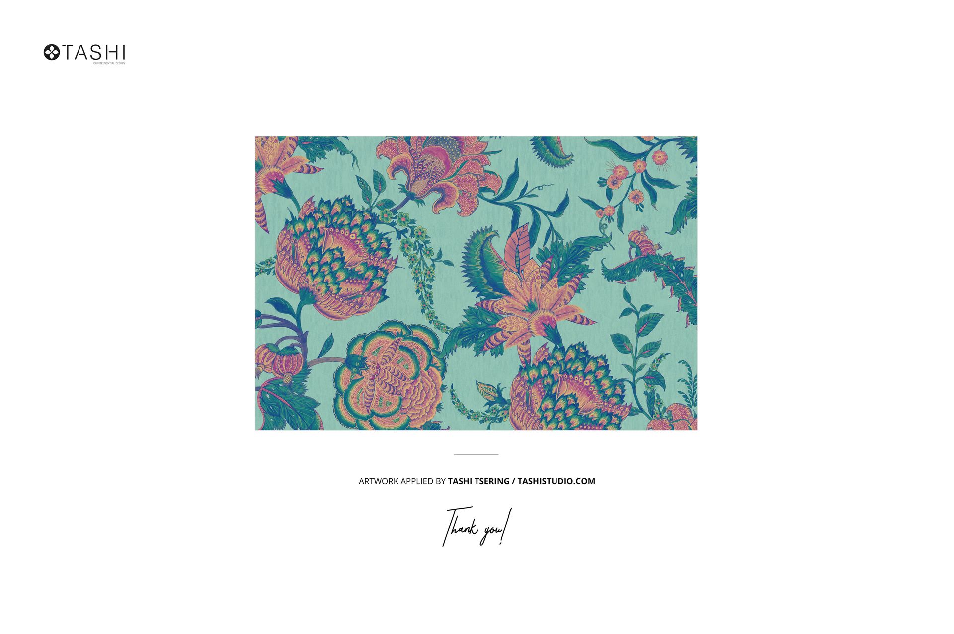 Rectangular section of fabric with a colorful floral and botanical pattern on a light teal background, front view.