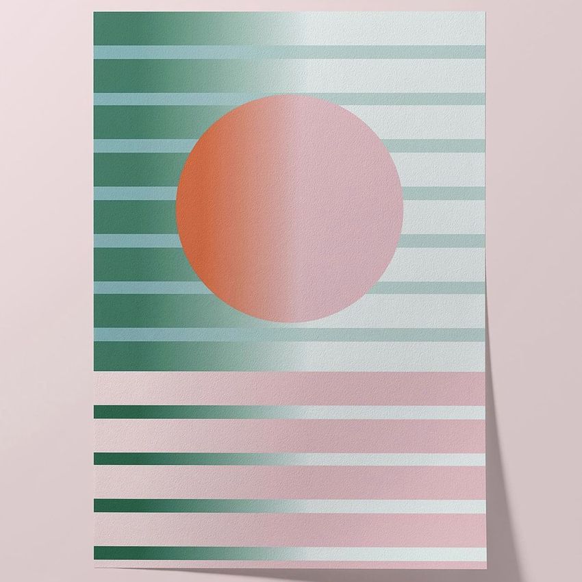Fine art print mockup featuring a geometric pattern with a large orange circle and horizontal green and pink stripes on textured paper.