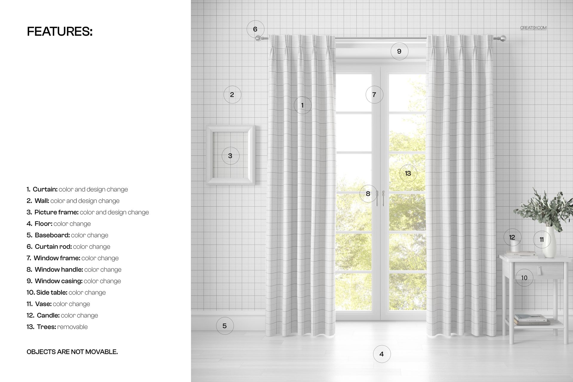 PSD mockup showing pleated curtains in soft neutral tones on a large window, with a bright outdoor scene visible.