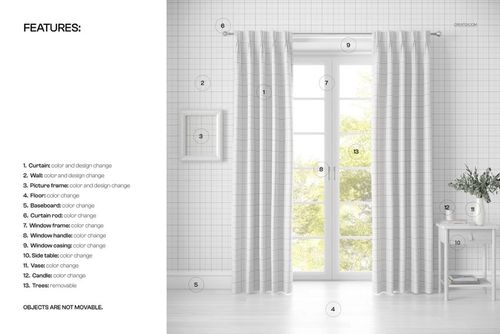 PSD mockup showing pleated curtains in soft neutral tones on a large window, with a bright outdoor scene visible.