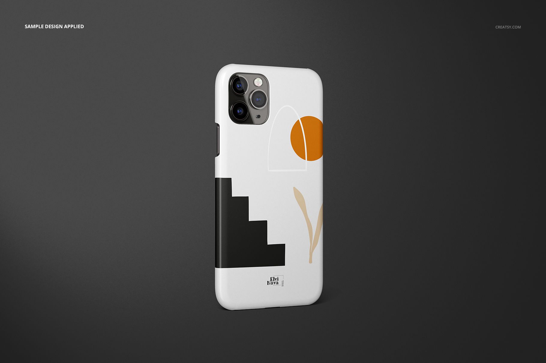 Glossy iPhone 11 Pro case mockup featuring minimalistic shapes in black, orange, and beige, displayed upright.