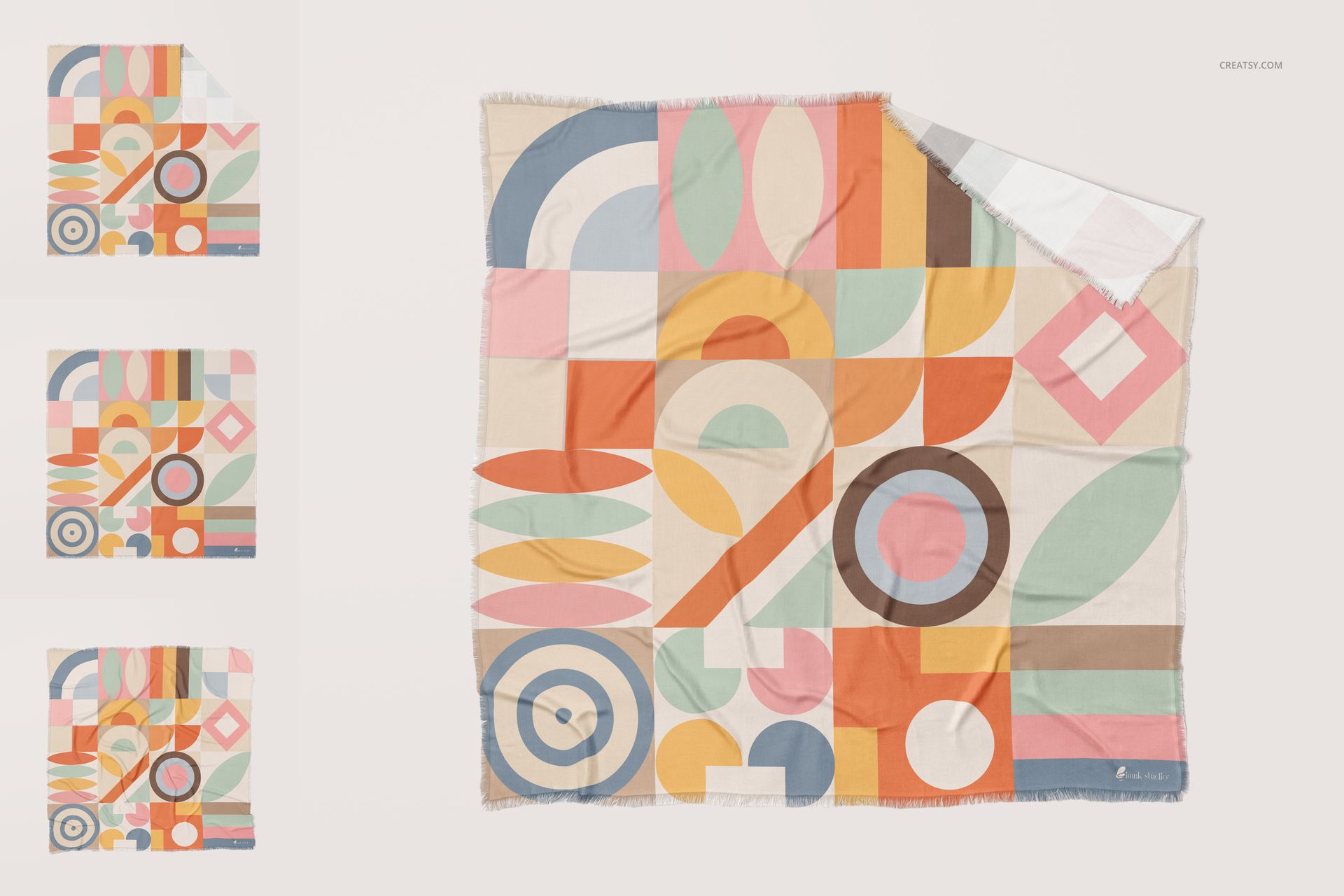 Polyester woven blanket mockup featuring abstract geometric designs in orange, blue, pink, and beige, shown flat.