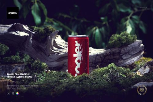 Red 200ml can mockup standing upright on mossy forest ground, surrounded by logs and green foliage in natural light.