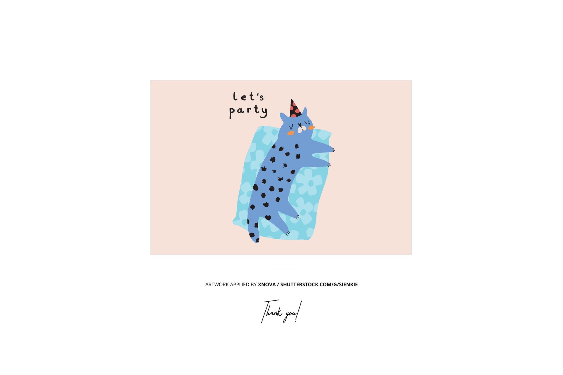 Blue cartoon animal with black spots wearing a party hat, lying on a patterned pillow, front view illustration.