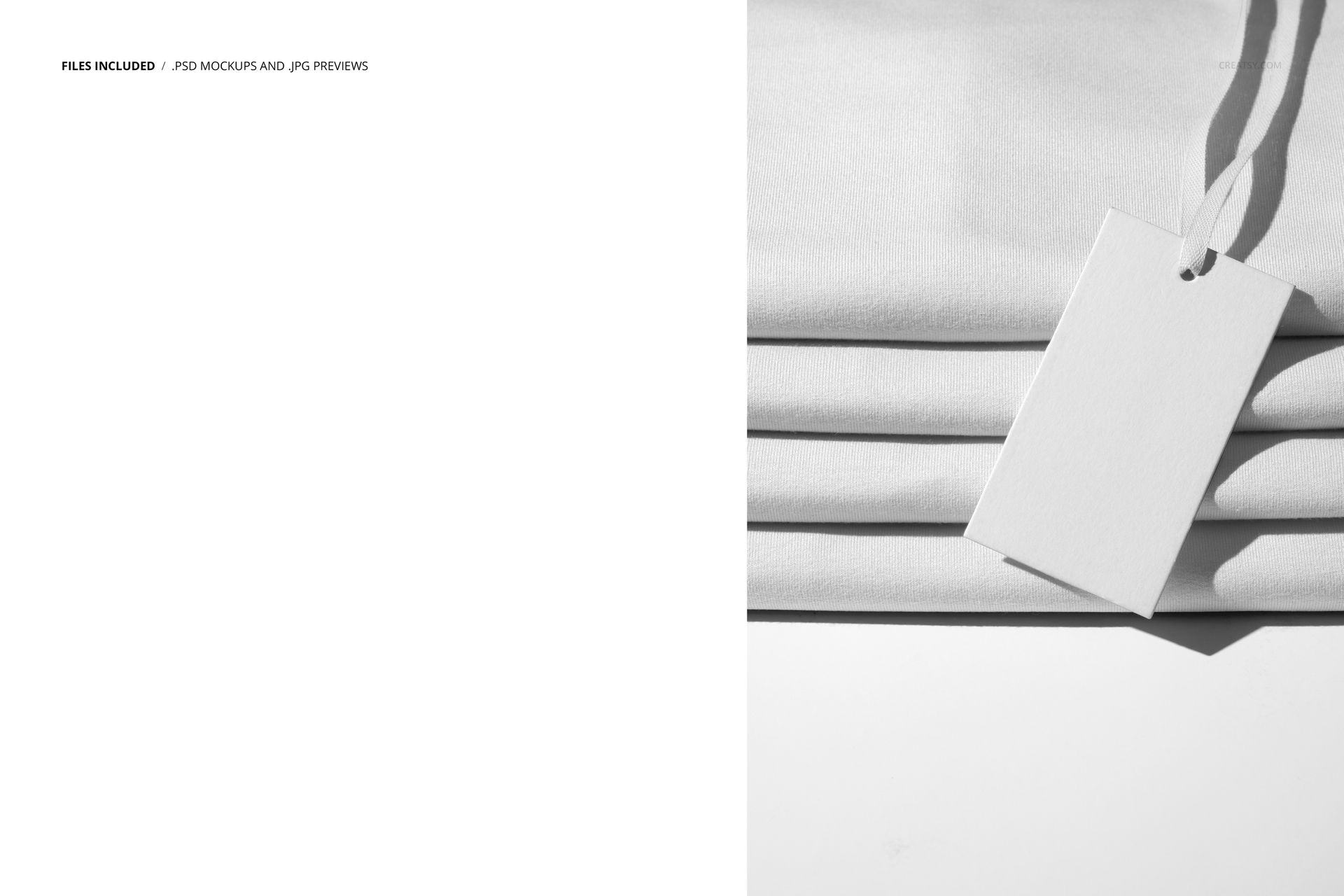 PSD mockup featuring several layers of pale jersey fabric and a hanging blank paper tag, shot from a top perspective.