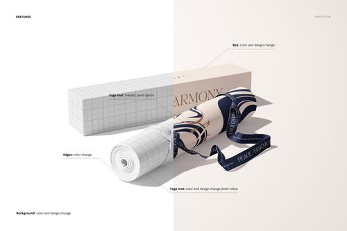 Yoga mat mockup showing a rolled mat with a geometric pattern, split between wireframe and colored design, on a light surface.