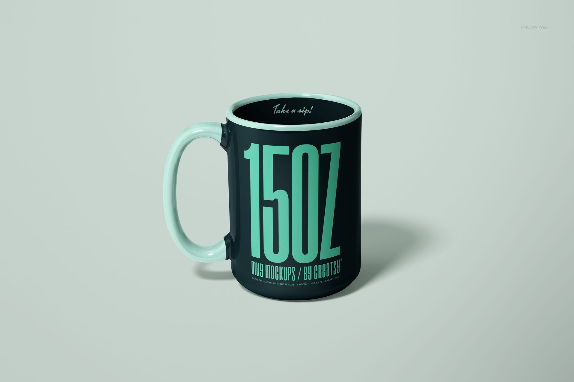 Front-facing 15oz mug mockup with thick handle, turquoise and black color scheme, displayed on a neutral backdrop.