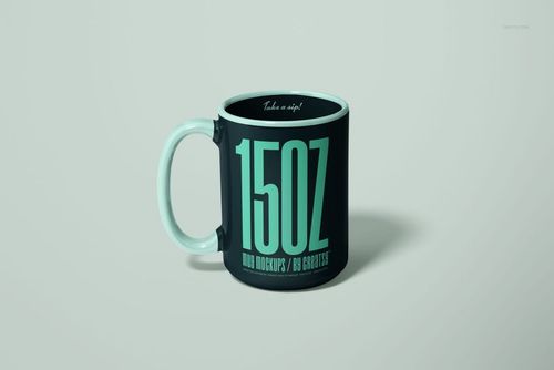 Front-facing 15oz mug mockup with thick handle, turquoise and black color scheme, displayed on a neutral backdrop.