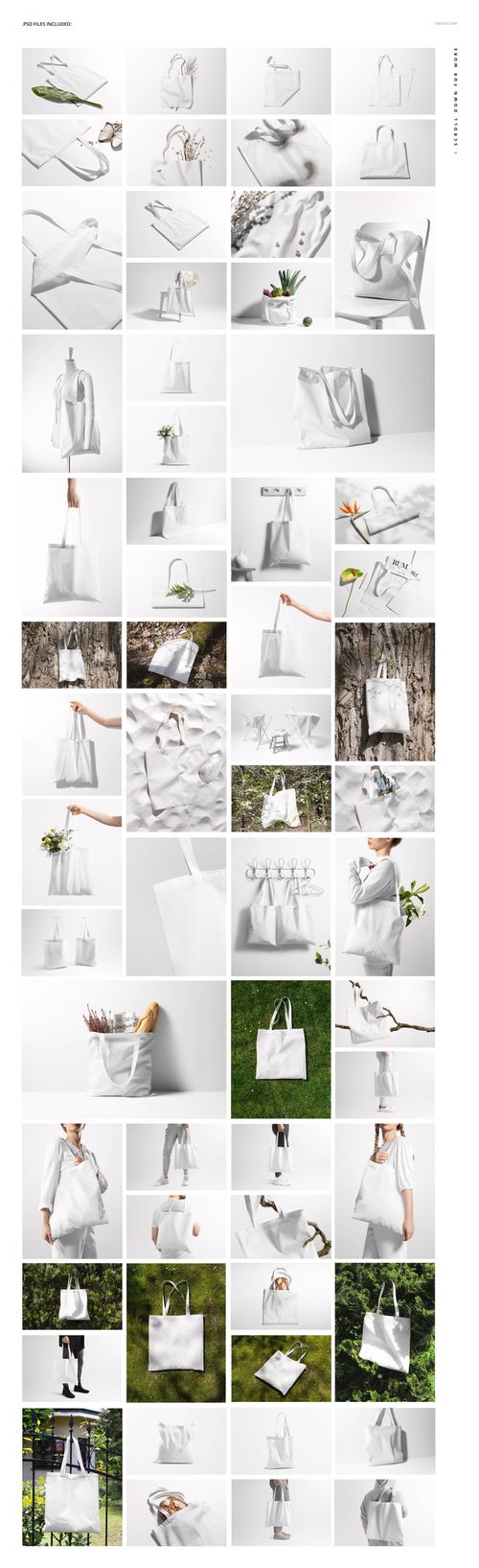 Bundle of tote bag PSD mockups with different backgrounds, including grass, wood, and minimalist interiors.