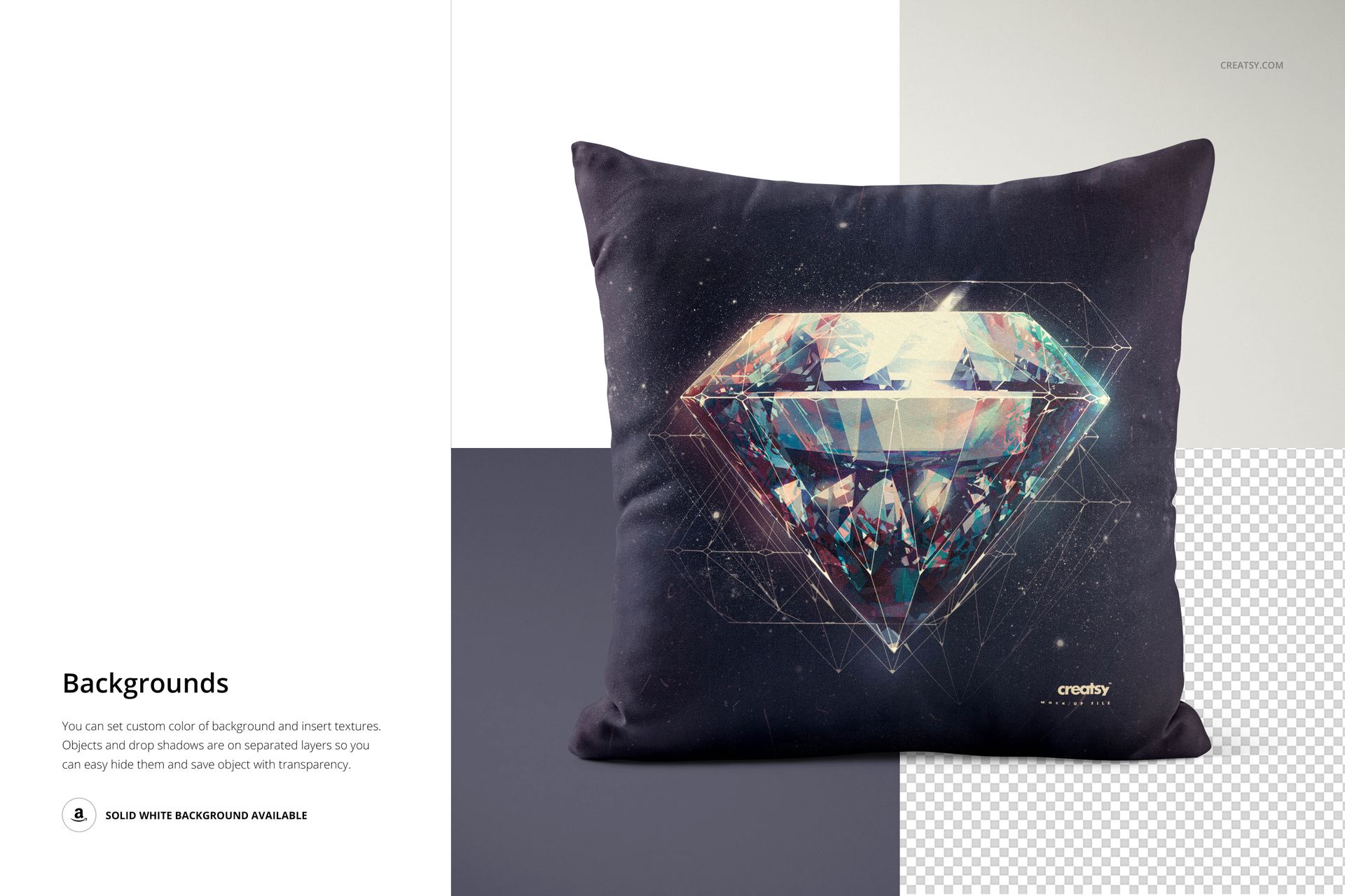 Front view of a square throw pillow featuring a large geometric diamond design on a dark background, shown in a mockup scene.