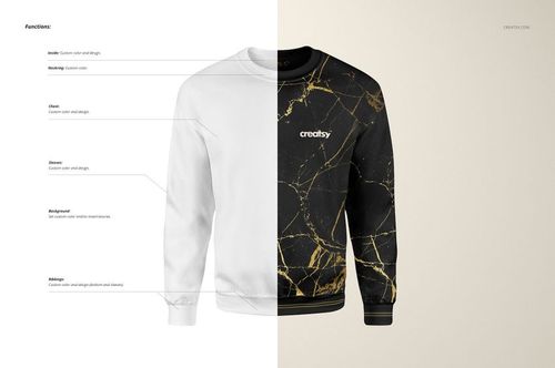 Front view of adult sweatshirt mockup, split design with left side plain white and right side black with gold marble pattern.