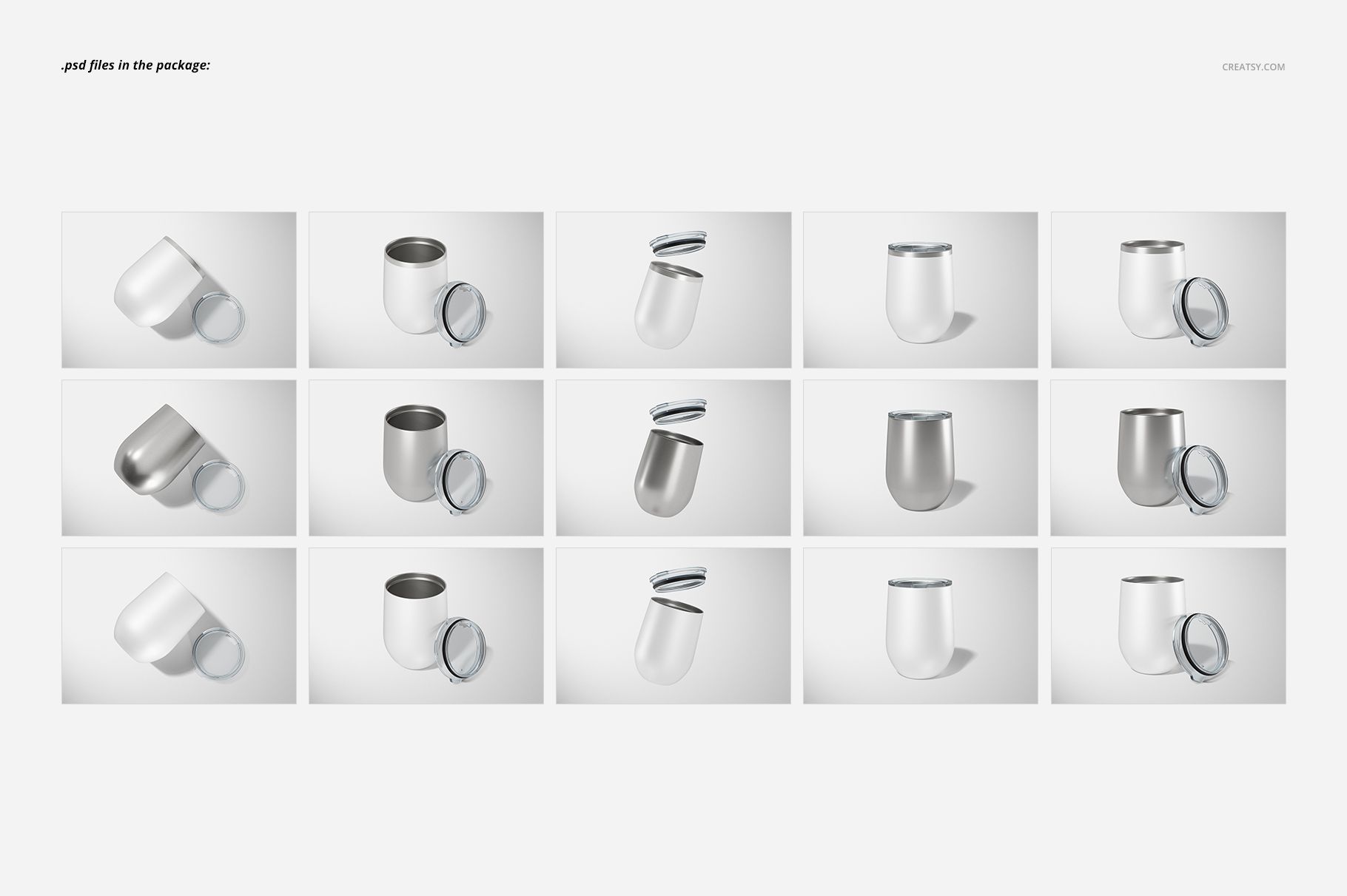 Set of twelve stemless wine cups shown from various angles, featuring white and metallic finishes on a light background.