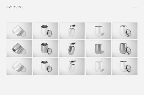 Set of twelve stemless wine cups shown from various angles, featuring white and metallic finishes on a light background.