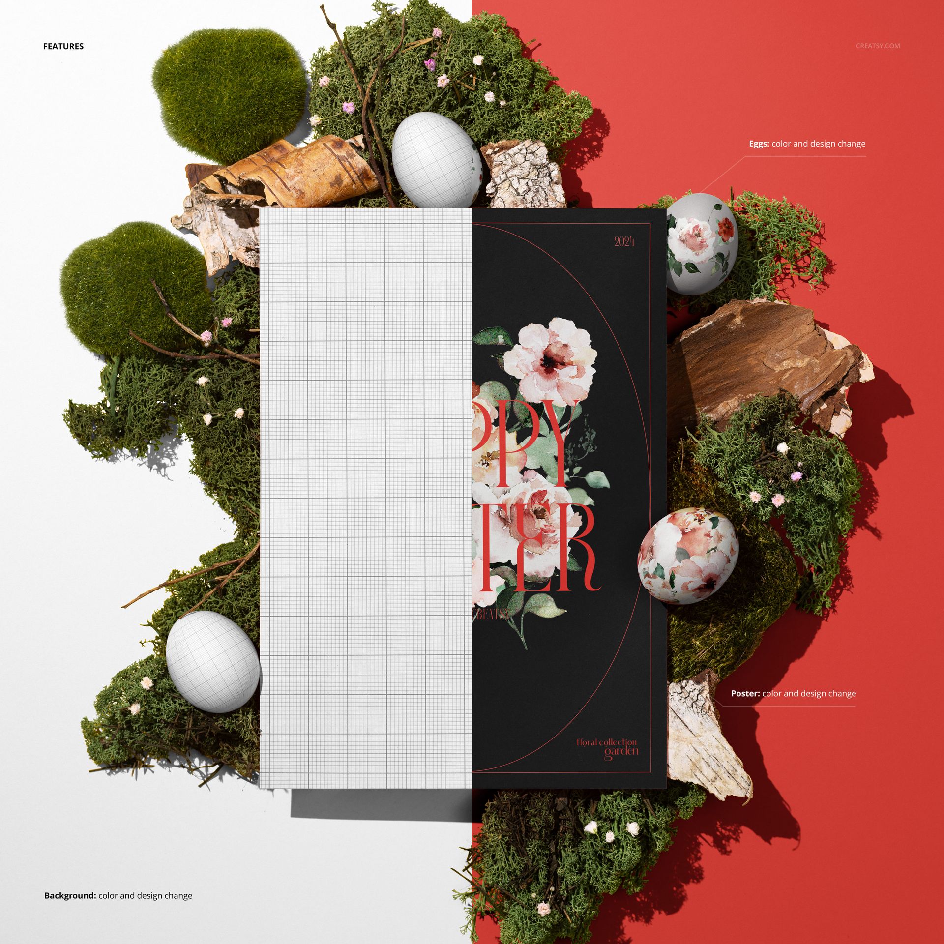 Front view of an Easter poster PSD mockup with floral artwork, surrounded by decorative eggs and green moss on a split red and white background.