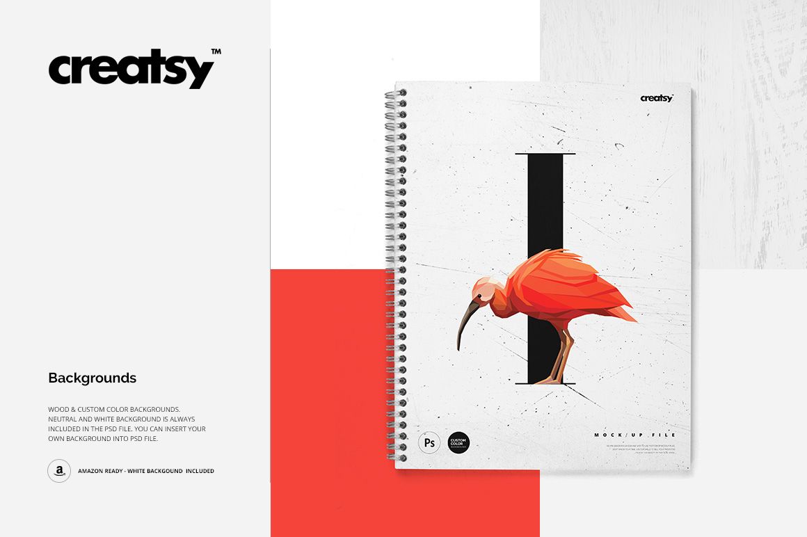 Spiral notebook mockup with a white cover, black letter design, and vibrant orange bird, shown against red and white blocks.