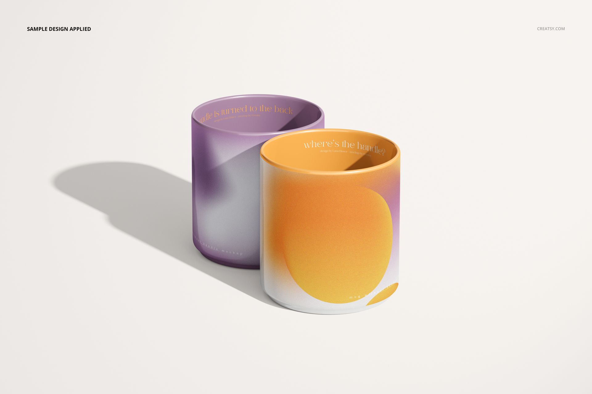 PSD mockup of two modern mugs without handles, displaying vibrant abstract artwork, viewed from the front on a neutral background.
