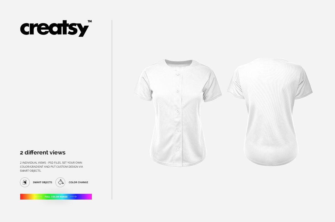 Women's baseball jersey mockup showing front and back views on a plain white background, short sleeves and button-up design.