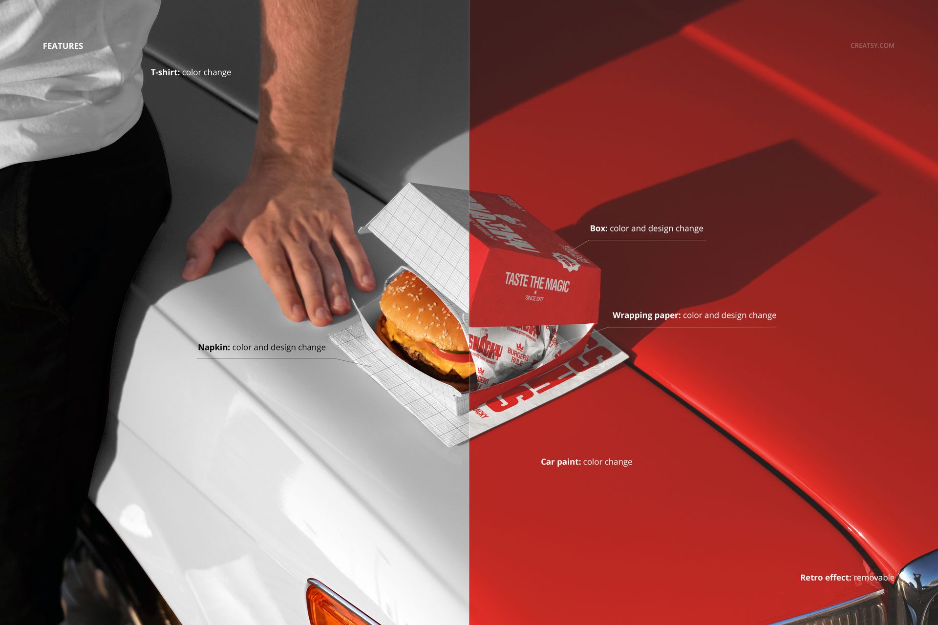 Mockup of a burger in a branded box and napkin on a car hood, featuring color and design change options.