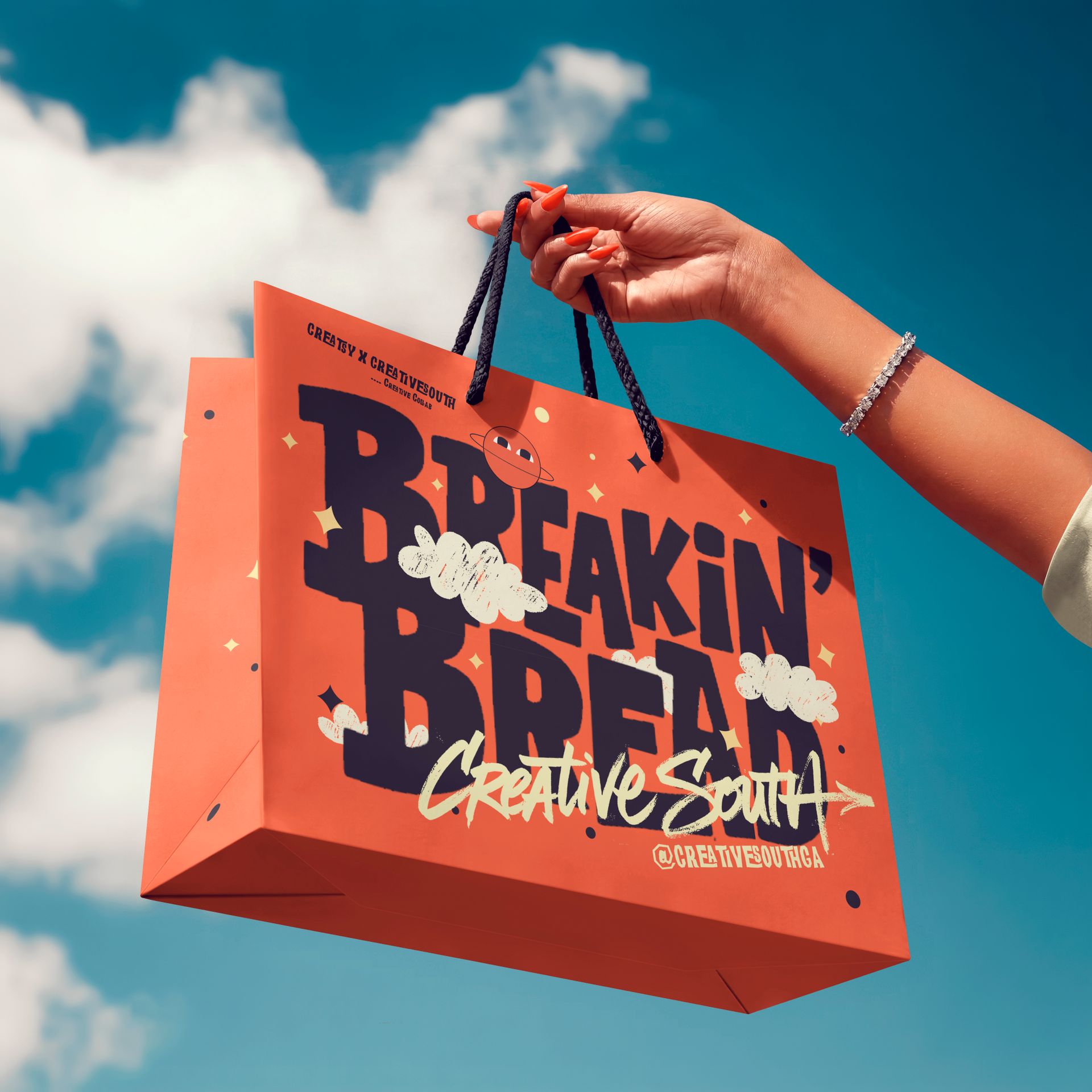 Paper Shopping Bag Mockup - Hand Held against Sky by Creatsy®