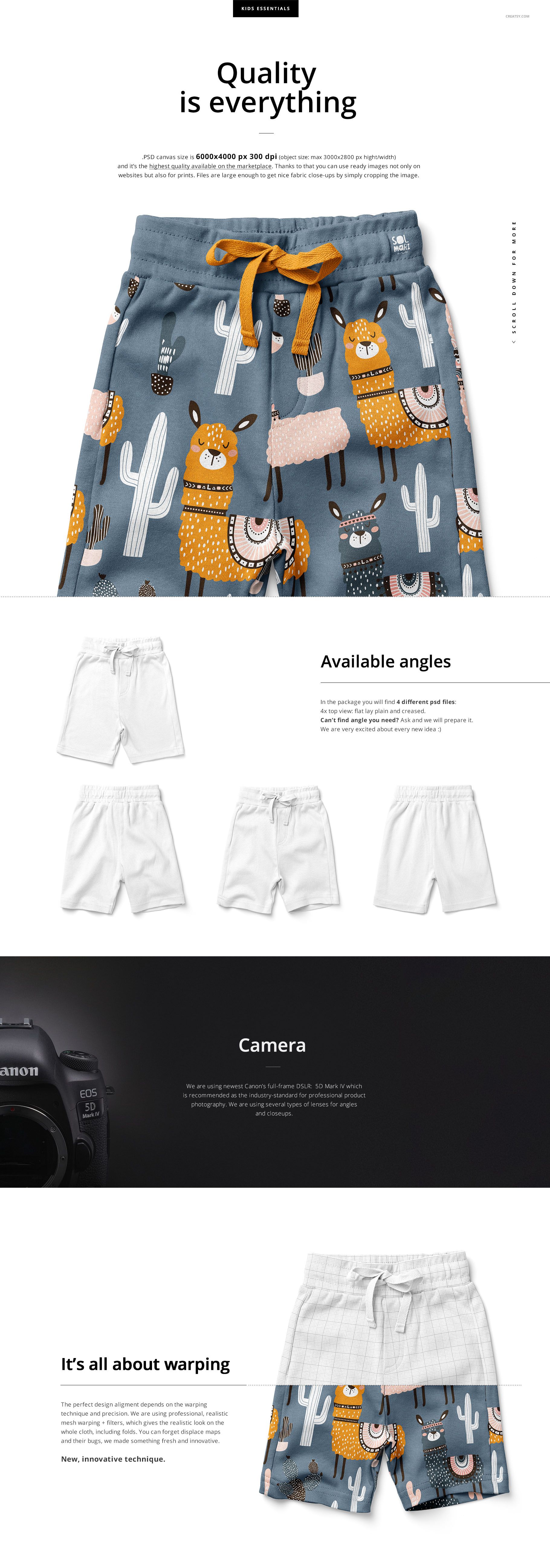 Kids cotton shorts mockup featuring a front view of blue shorts with llama and cactus pattern, orange drawstring.