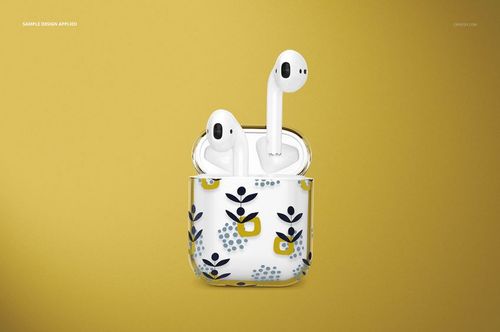 PSD mockup of clear AirPods case with stylized blue and yellow flowers, open to reveal AirPods, front-facing on yellow.