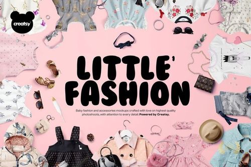 Little Fashion PSD mockup featuring dresses, shirts, hats, and bags in a coordinated flat lay scene for kids.