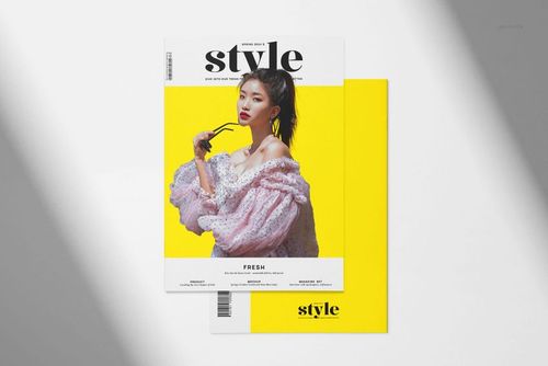 A4 magazine mockup showing a front cover with a person in a textured outfit and a bold yellow back cover.