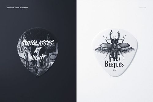 Mockup showing two distinct guitar picks, one featuring a dark city design, the other with a detailed beetle illustration.