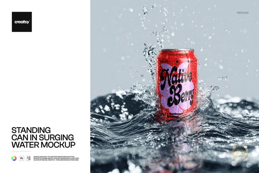 Standing can mockup featuring a vibrant red design and bold text, surrounded by surging water and splashes.