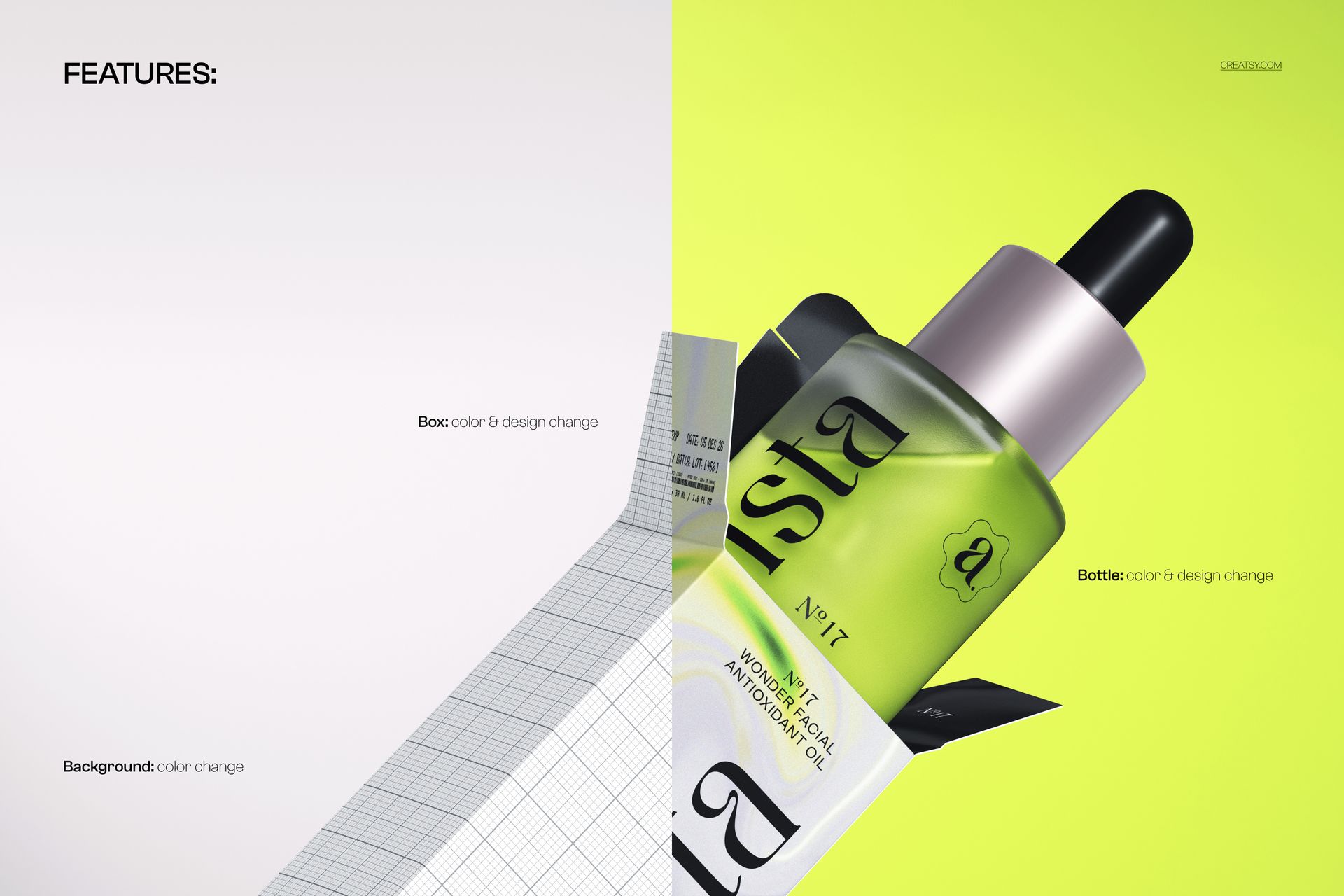 Cosmetic serum bottle mockup emerging from open packaging, featuring a dropper cap and modern color scheme.