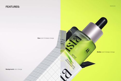 Cosmetic serum bottle mockup emerging from open packaging, featuring a dropper cap and modern color scheme.