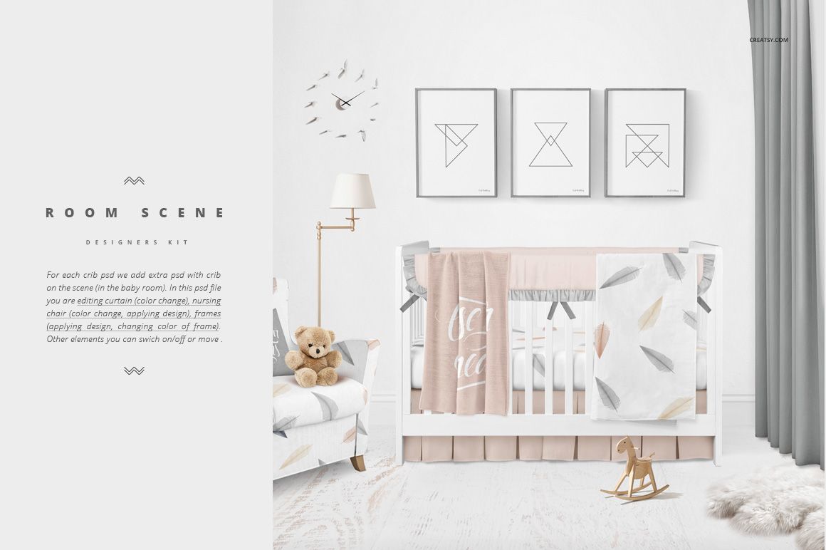 Front view of a crib bedding mockup set in a neutral baby room with soft pastel colors, framed wall art, and nursery decor.