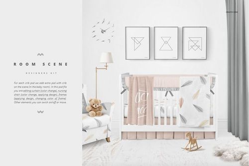 Front view of a crib bedding mockup set in a neutral baby room with soft pastel colors, framed wall art, and nursery decor.
