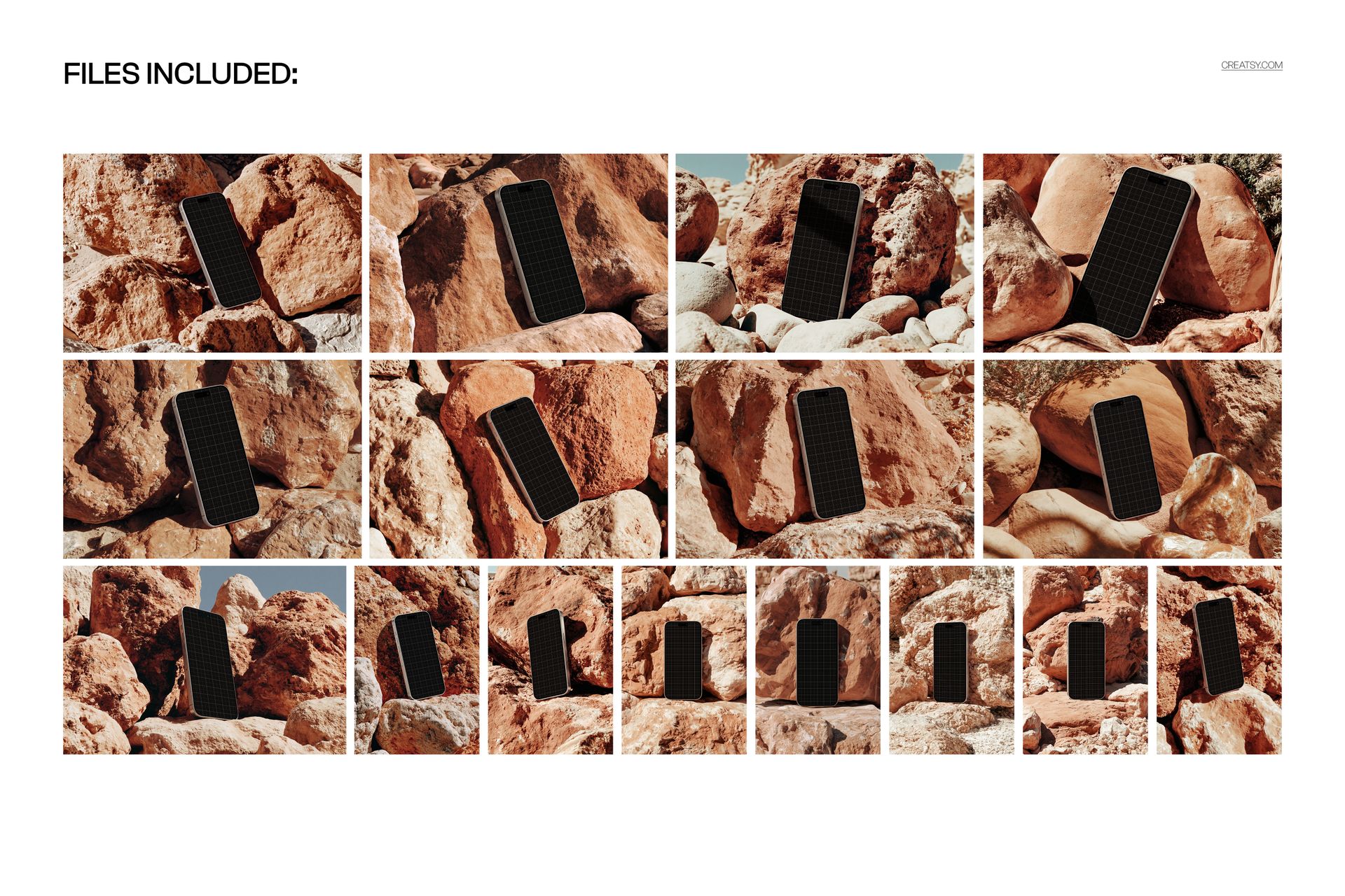 iPhone smartphone mockup set displayed on various rocky surfaces, showing device screens against textured stones.