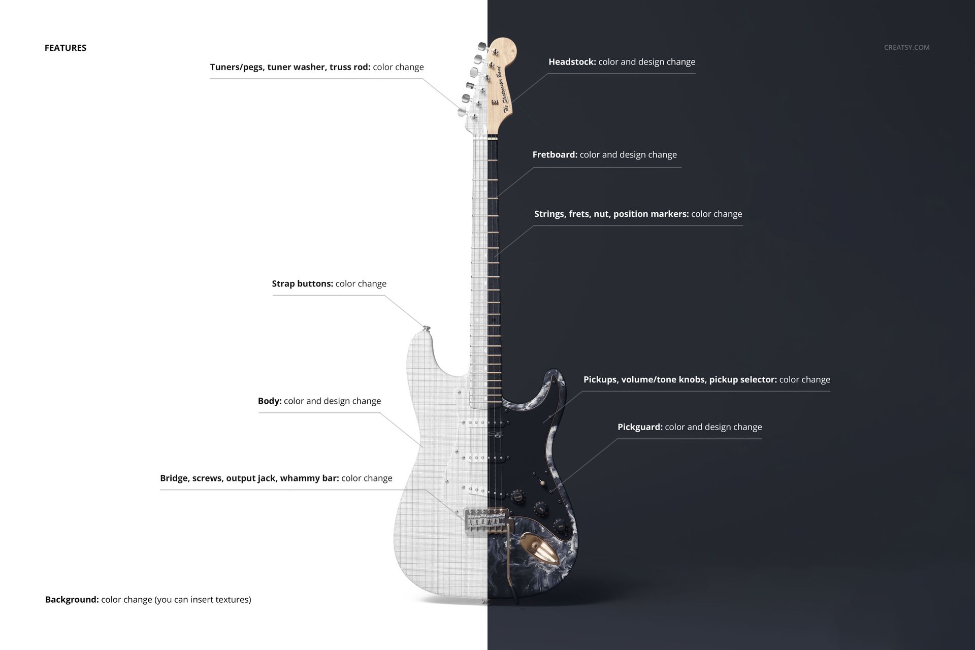 Electric guitar mockup shown in split view, left side in light gray tones and right side in dark colors, front perspective.