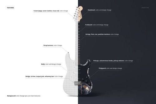 Electric guitar mockup shown in split view, left side in light gray tones and right side in dark colors, front perspective.
