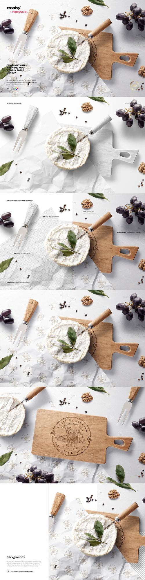 Food safe paper mockup featuring a round cheese on white paper, wooden cutting board, grapes, nuts, and knife on a white surface.