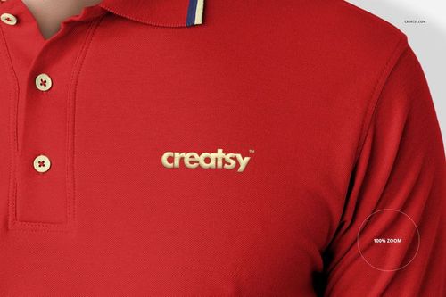 Front view of a red polo shirt mockup with a collar, button placket, and embroidered yellow logo on the chest.