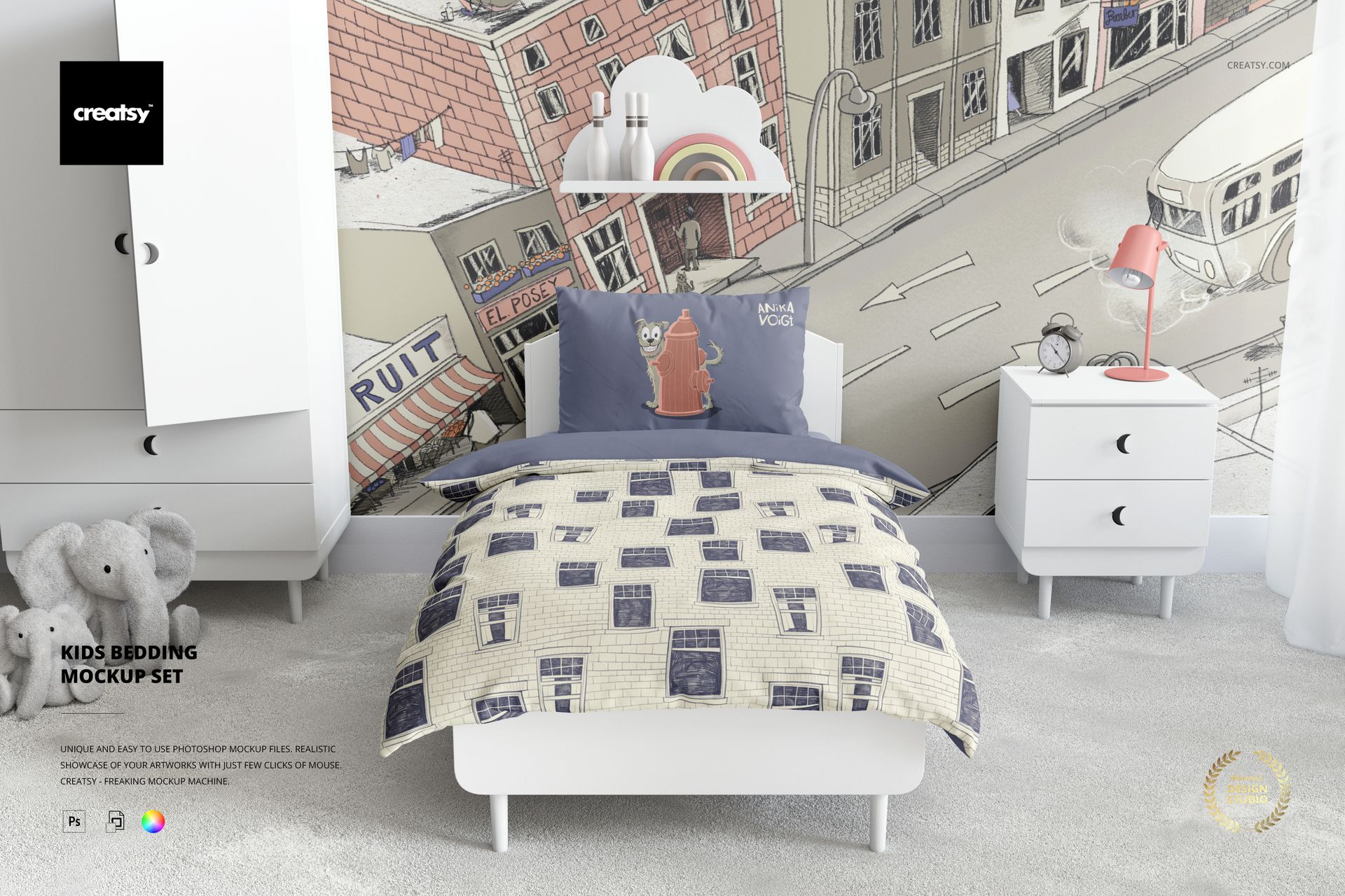 Kids bedding mockup showing a single bed with patterned duvet and pillow in a modern children's room with wall art.